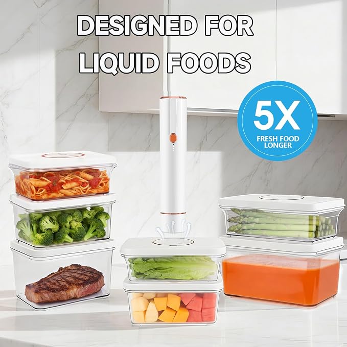 Vixino Vacuum Sealer for Food with 30 Reusable Bags & 3 Vacuum Containers | Vacuum Seal Containers Store Liquids, Compact Handheld Vacuum Sealer, Portable for Sous Vide, Camping, Kitchen, Gifts