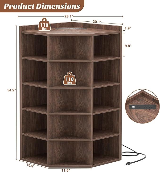 Aheaplus Corner Cube Book Shelf, 6-Tier Corner Cabinet with Power Outlets, Corner Cube Storage Shelf with Top Table, Wooden L Shaped Cubby Bookcase for Home Office, Bedroom, Living Room, Black Walnut