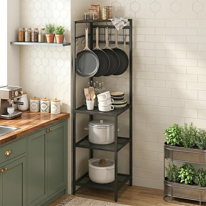 MAHANCRIS 4-Tier Pots and Pans Organizer with 10 Hooks for Kitchen Corner | Pots Rack, Cookware Stand, for Kitchen, Dining Room, Pantry, Rustic Brown