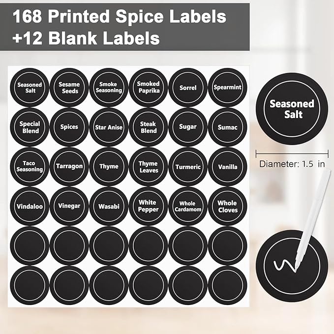 180 Spice Labels for Food Containers, Chalkboard Labels for Jars, Spice Label Stickers Herb Seasoning Kitchen Pantry Labels, Small Chalk Sticker Spice Jar Label Round 168 Printed, 1 Erasable Chalk