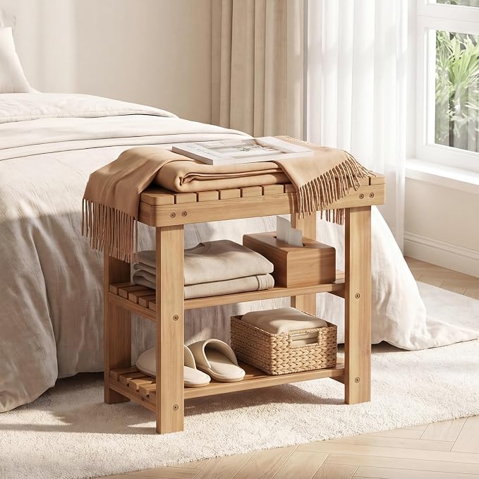 GOFLAME Wooden Shoe Rack Bench, 3-Tier Free Standing Entryway Bench Seat with Slatted Shelves, Shoe Storage Organizer for Entryway, Hallway, Bedroom, Living Room, Small Space, 19"x11"x18"