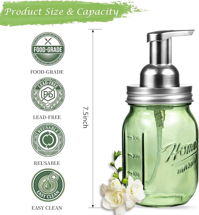 Amolliar Green Glass Mason Jar Foaming Soap Dispenser, 16OZ Hand Soap Dispenser, Plastic Pump & Stainless Steel Lid & Lable, Kitchen Dish Soap Bathroom Accessories Set, Soap Pump Bottle, Silver 1 Pack