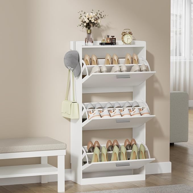 Shoe Cabinet Organizer with 3 Flip Drawers & 3-Tier Adjustable Shelves, Freestanding Shoe Rack Cabinet, Narrow Shoe Storage for Entryway, Foyer, Hallway, 23.6" W × 8.7" D × 47.2" H, White