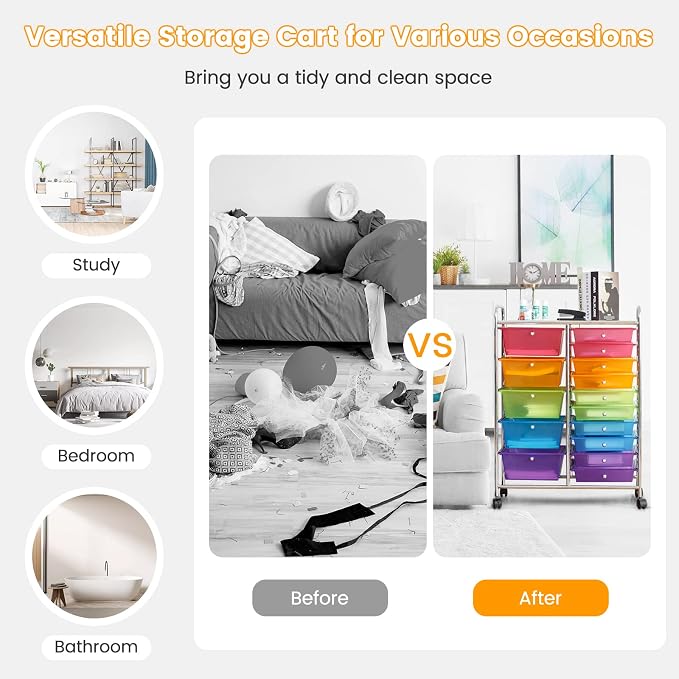 COSTWAY 15 Drawer Rolling Storage Cart, Mobile Storage Organizer | Removable Drawers & Metal Frame, Multipurpose Utility Tools Paper Organizer on Wheels for Home, Office (Rainbow)