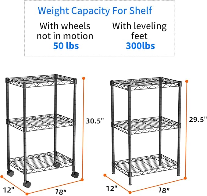 Golpart Small Shelves Storage Wire Metal Adjustable Shelf Unit with Wheels | 3 tier Shelving Organizers Storage Shelving for Bathroom Laundry Room Kitchen Pantry 11.7”D x 17.7”W x 30.7”H Black