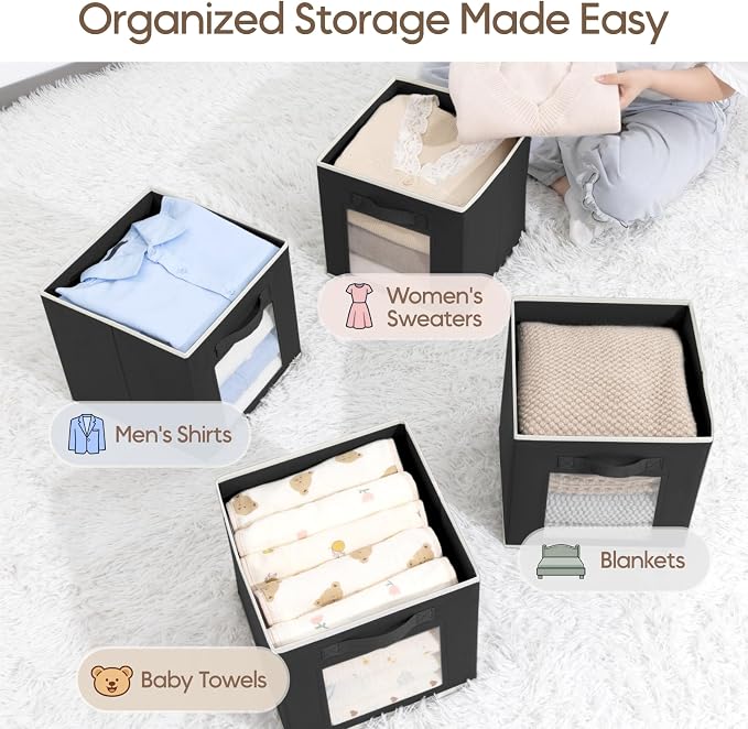 Homsorout Cube Storage Bins - Fabric Shelves for Closet Organization, Foldable Storage Bins for Clothes, Decorative Storage Baskets with Window for Home, Set of 6, Black