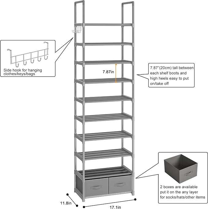 OYREL Shoe Rack Sturdy Metal 10 Tier Shoes Rack Organizer + 2Boxes 1Hook | Narrow Space Saving Shoe Storage Shelf for Closets, Tall Shoe Stand for Entryway, Living Room