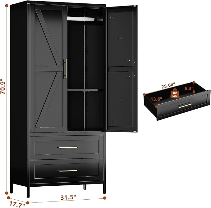 METAN Metal Wardrobe Closet with Doors,Armoire Wardrobe Closet with 2 Drawers for Bedroom,Assembly Required,Black