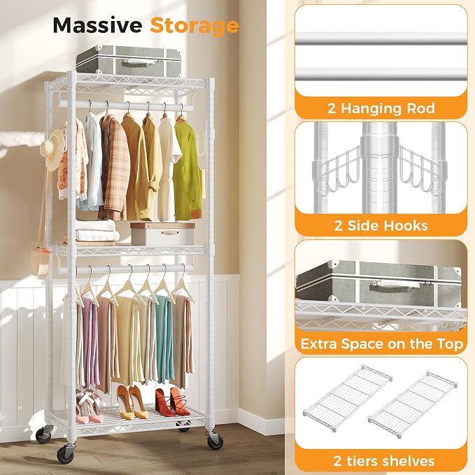 NEWBULIG Heavy Duty Clothing Rack with Wheels, 3-Tier Adjustable Wire Garment Rack, Metal Freestanding Closet Organizer System with Double Hanging Rods & 8 Side Hooks, 29" x 15" x 75", White
