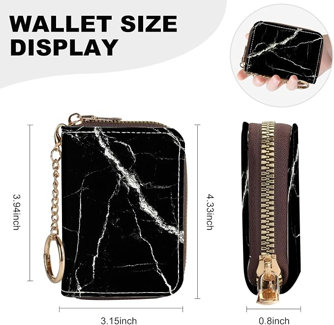 Credit Card Holder for Women,Small Rfid Wallet with Keychain Zipper,Cute PU Leather Card Case Wallet，Accordion Credit Card Wallets Gift,Black marble texture
