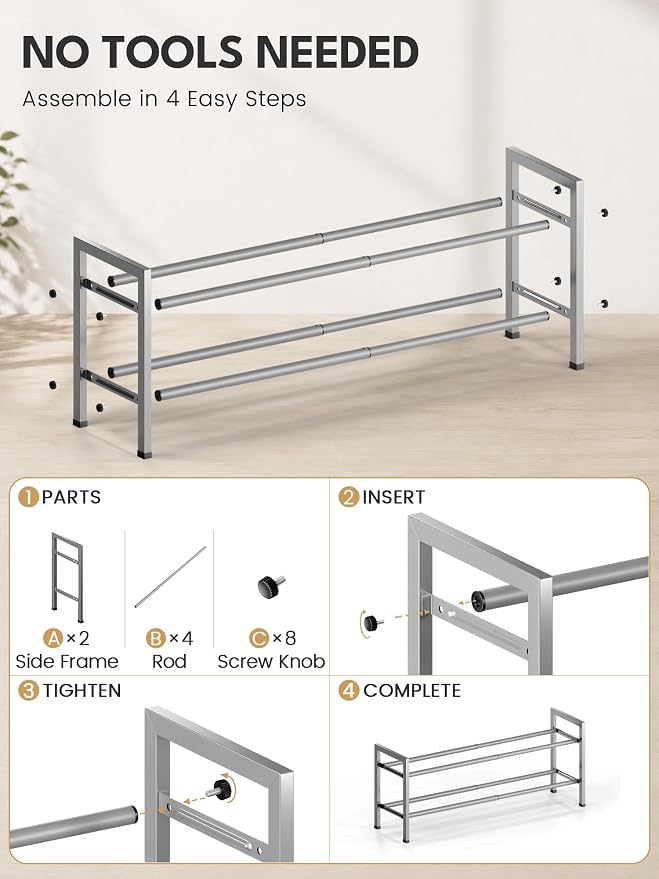 Bumusty 2 Tier Expandable Shoe Rack for Closet, 18“-33” Adjustable Shoe Rack for Small Space, Small Shoe Organizer for Front Door, Sturdy Metal, Light Grey