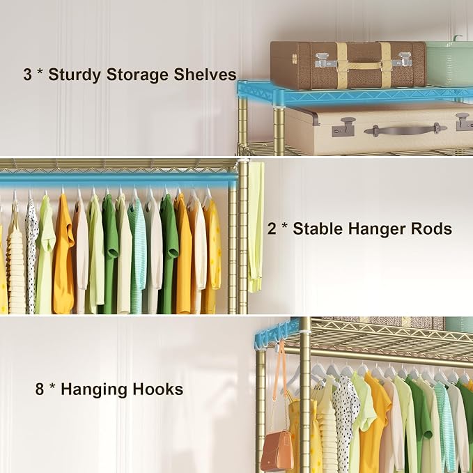 FUTASSI P3 Rolling Clothes Rack, Clothing Racks for Hanging Clothes, Heavy Duty Garment Rack with Wheels, Freestanding Portable Closet Racks 39.4'' W x 14'' D x 78.5'' H, Max Load 470 LBS, Gold