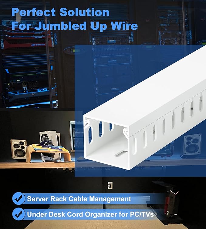 1.4"H x 1.6"W Cable Raceway, 12ft Under Desk Wire Management Channel, White | Slotted Wire Duct, 4 Pack (3 ft Each), Heavy-Duty PVC Cable Management for Server Racks, Network Cables & Electrical Cabinets