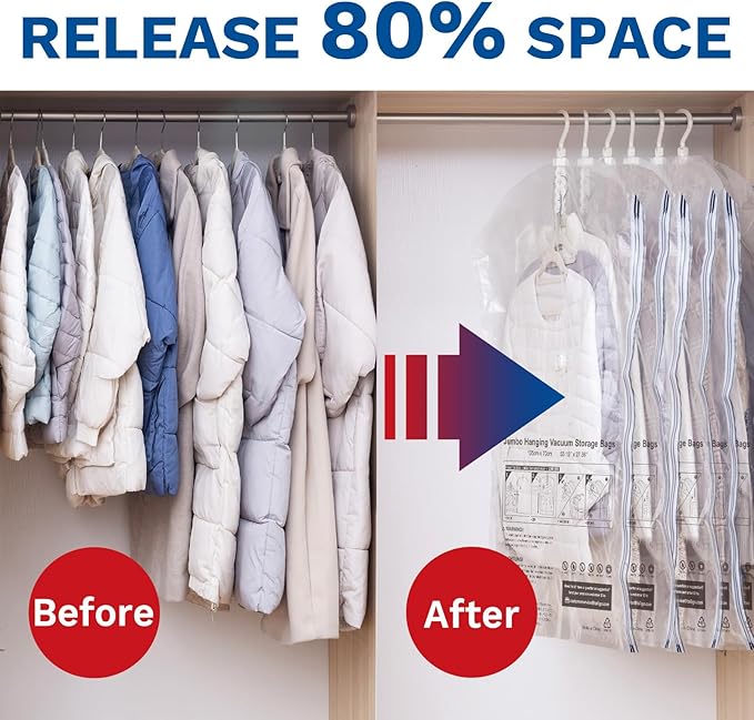 Hanging Vacuum Storage Bags For Clothes with Electric Pump, 6 Pack Large Hanging Space Saver Bags, Vacuum Sealed for Clothing Travel Suits Dress Jackets for Moving Supplies(3 Long, 3 Short)