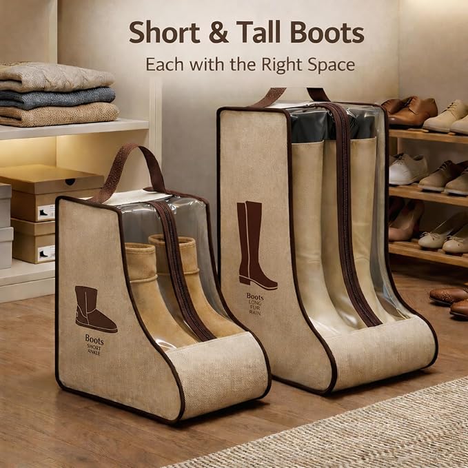 4 Pack Portable Boot Storage Bag,2 Tall & 2 Short Boot Storage Bag with Clear Window, Zipper and Handle, Travel Friendly Shoe Storage for Boots, Closet Organization,Beige