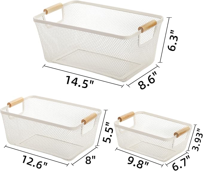Noamus 3 Pack Metal Mesh Baskets with Wood Handle, Iron Storage Organizer Basket, Cream White Wire Countertop Baskets for Organizing, Cabinet Pantry Closet Bedroom Kitchen(3 Size)