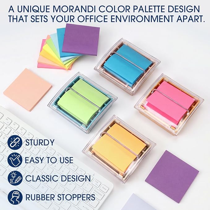 Eaasty 4 Pcs Pop Up Sticky Note Dispenser 3 x 3 Inch Pastel Cute Sticky Note Holder with 8 Pads Pop Up Stick Notes Transparent Top Colorful Base Notes Holder for Women Office Home Desk