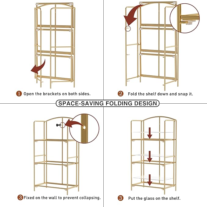 Crofy 3-Tier Foldable Bookshelf, Gold Frame & Transparent Shelves | No-Assembly Collapsible Portable Storage Organizer; Sturdy Transparent Shelves; Ideal for Living Room & Home Office