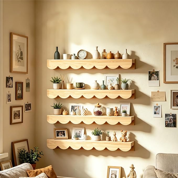 4 Tiers Spice Rack Wall Mounted, Scalloped Kitchen Storage Village Style Display Shelf, Vintage Spice Jar for Living Room, Bedroom, Shelf Only, 15.75 x 4.72 x 1.9 Inches