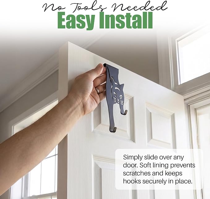 Evelots Cat Over The Door Hooks for Hanging - Black - Over The Door Organizer - Strong Metal Hooks