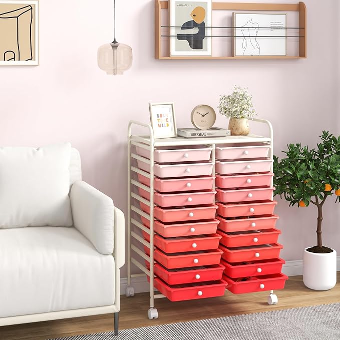 LDAILY 20-Drawer Rolling Storage Cart, Rolling Storage Cart, Storage Organizer on Wheels, Metal Frame, Scrapbook Paper Tools, Suitable for Office School, Classroom (Gradient Pink, 20 Drawer)