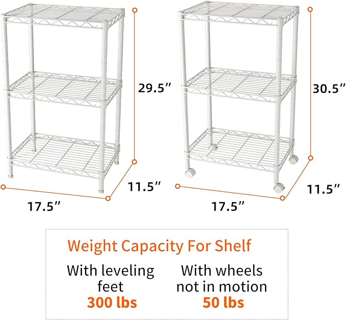 SINGAYE 3 Shelves Storage Shelf Wire Shelving Unit Metal Adjustable Wheels | Small Shelf Storage with Wheels Organizers Closet Unit for Bathroom Laundry Room Kitchen Pantry11.5D x 17.5W x 30.5H White
