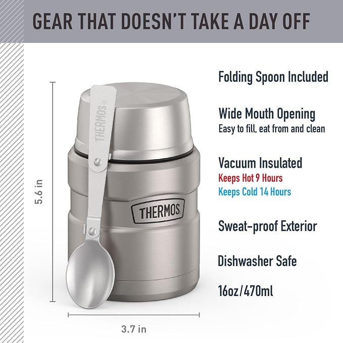 THERMOS Stainless King Vacuum-Insulated Food Jar with Spoon, 16 Ounce, Matte Steel