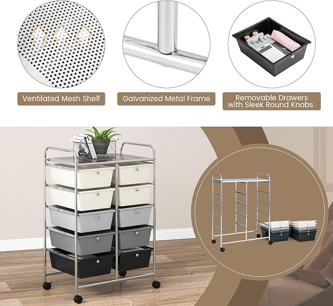 RELAX4LIFE Rolling Storage Cart with 10 Drawers - Craft Storage Cart with Lockable Wheels,Utility Cart, Art Cart Organizer for Crafting Storage, Studio, Office, Home, School Rolling Drawer Cart