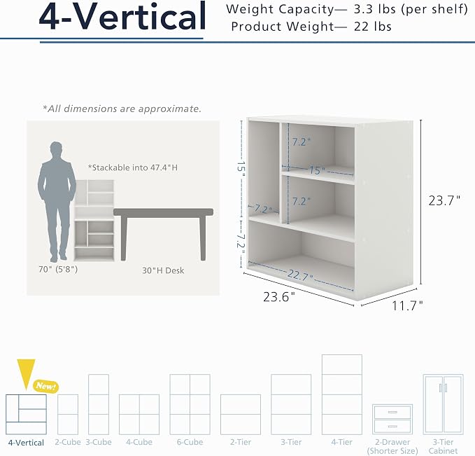 Homes: Inside + Out Apexa 4-Vertical Storage Organizer Shelves, Stackable Wood Bookcase for Organization, Dorm Teen Room Decor & Home Office, Light Blue