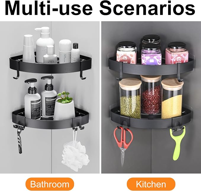 DUFU Adhesive Corner Shower Caddy with Hooks, Black, 2 Pack | Bathroom Shower Organizer, No Drilling, Rust Proof Aluminum Shower Shelf For Inside Shower