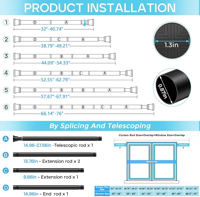 2 Pack Spring Tension Curtain Rod 32-76 inch, Adjustable Expandable Tension Curtain Rod No Drilling, Tension rods for Window Doorway Kitchen Curtain, Black