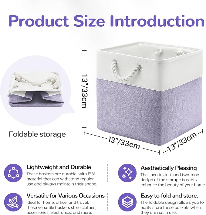13 x 13 Inch Cube Storage Bins, 6 Pack Fabric Storage Basket with Handles, Foldable Boxes Organizer for Shelf Baskets for Home, Clothes (White/Purple)