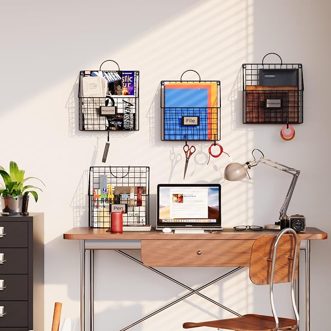 Yuzehuaza Hanging Wall File Holder Organizer Metal Wall Mount File Folders Holder Magazine Rack with Handles and Hooks , for Home Office, 4 Packs, Black (Patent Pending)