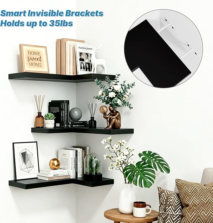 NATURE'S SOURCE Corner Floating Shelves with Invisible Brackets, Corner Shelves Wall Mounted Set of 3, Bedroom Bathroom Kitchen Living Room Office- Gothic Style 16.6" x 6" (Black)