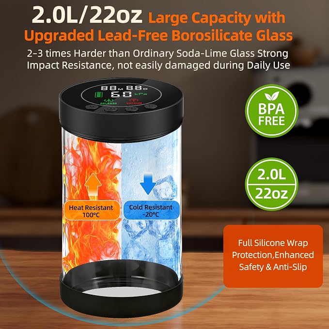 Electric Vacuum Coffee Canister, 2.0L Glass Airtight Food Storage Containers with Smart Pressure Sensor, Automatic Coffee Bean Container Rechargeable with LED Display Window for Kitchen Food Storage