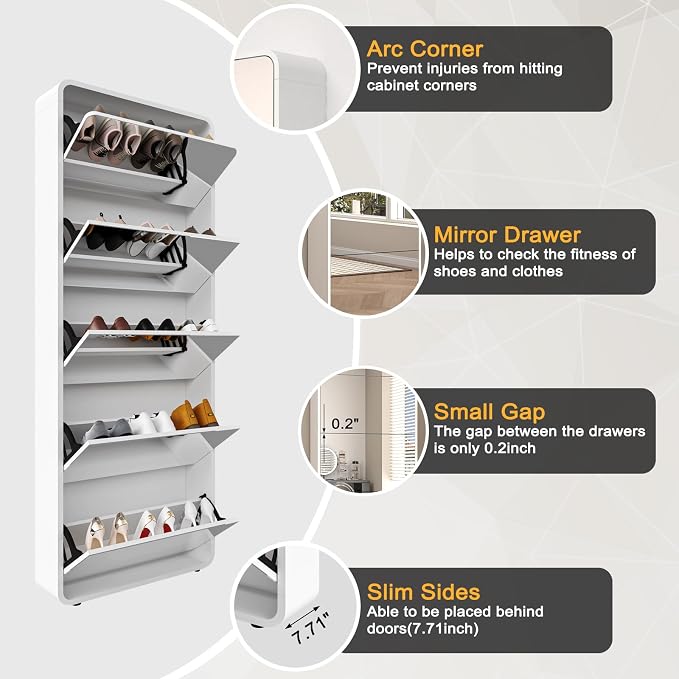 Mirror Shoe Storage Cabinet with 5 Flip Drawers, Freestanding Shoe Rack Cabinet, Narrow Hidden Shoe Organizer for Entryway, White | Real Glass Mirror | Fits Men's Size 15 | Entryway Organizer | Narrow Freestanding | Space-Saving | White