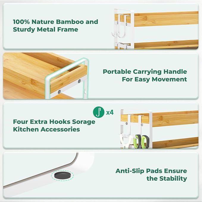 EsLuker.ly Spice Seasoning Rack Organizer Kitchen Countertop, 4 Tier Bamboo Spice Shelf Holder Storage with 4 Hooks, Wall Mounted Freestanding Stand for Pantry, Bamboo-White(Jars Not Included)