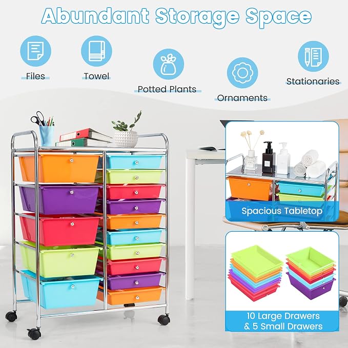 COSTWAY 15 Drawer Rolling Storage Cart, Mobile Storage Organizer | Removable Drawers & Metal Frame, Multipurpose Utility Tools Paper Organizer on Wheels for Home, Office (Multi-color)