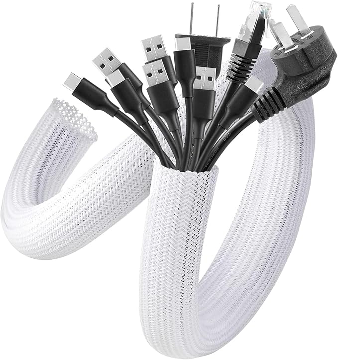 AGPTEK Cable Sleeve, 2Pack 5ft - 1.6 inch Cable Management Desk Cord Cover Organizer Wire Hider for Home Office Computer TV Wire Loom Tubing Pet Proof Cord Protector from Cat Dog Chewing, White