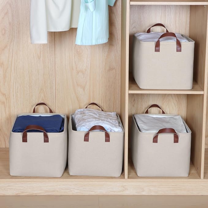 KEEGH Storage Baskets for Organizing Cube Storage 15 in, 4 Pack, Beige | Fabric Material, With Leather Handle, Closet Organization, Storage Bins for Living, Bedroom, Study