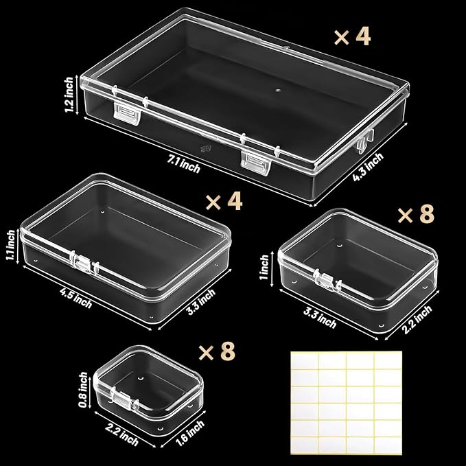 Mauproy Small Plastic Storage Containers with Lids, 4 Sizes, 24 Pack | Mini Bead Storage and Organizers, Rectangular Small Items Organizer Boxes with Hinged Lids and Labels for Craft Jewelry