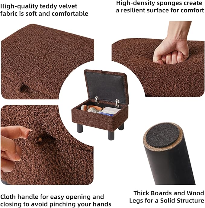Aibiju Small Foot Stool Ottoman with Storage, Teddy Velvet Foot Rest with Wood Legs and Safety Hinge Flip Top, Bedside Step Stool Rectangle 16x12x9.5inch for Living Room Bedroom Teddy Brown YD-JD136B