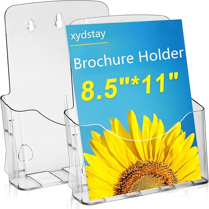xydstay Acrylic Brochure Holder 8.5x11 Inches Slant Back Design, Clear Display Stand, Plastic Table Stand Sign Holder,Pamphlet Holder Flyer Holder, Acrylic Display Stand,for Office, Home, Store, 2 Pack