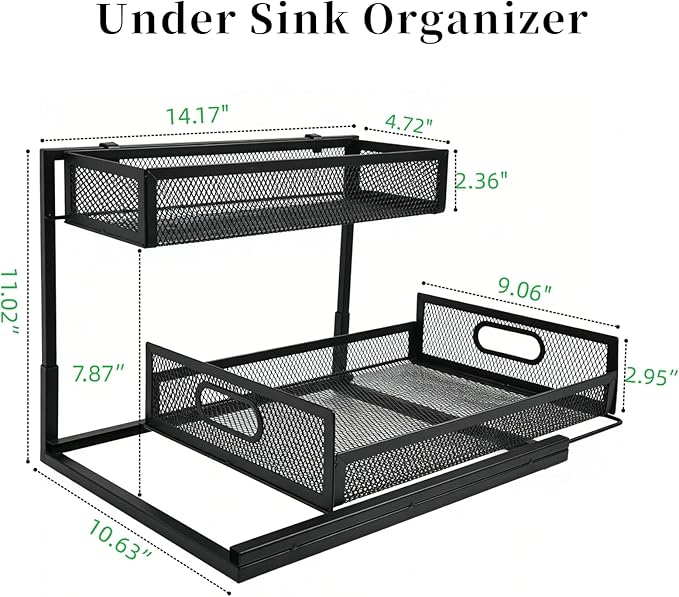 2 Pack Under Bathroom Sink Organizers and Storage 2-Tier Metal Pull Out Cabinet Organizer with Sliding Out Drawers Space Saving Undersink Slide Out Shelves for Kitchen Pantry, Black