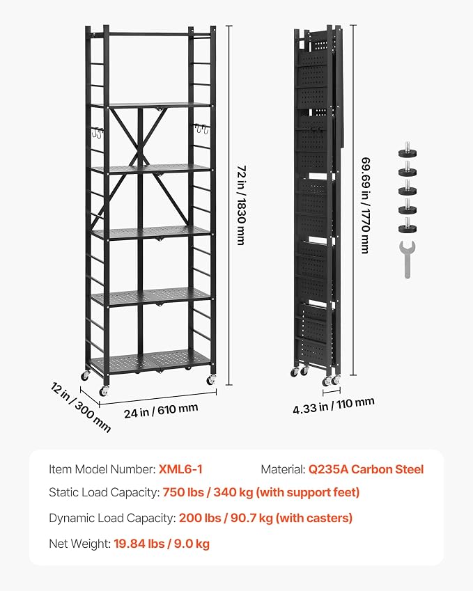 VEVOR 6-Tier Foldable Storage Shelf, 24W x 12D x 72H Inch Folding Metal Rack Shelving Unit, No Assembly Organizer Shelf with 5 Wheels & 4 Hooks for Pantry, Kitchen, Garage, Basement, Black