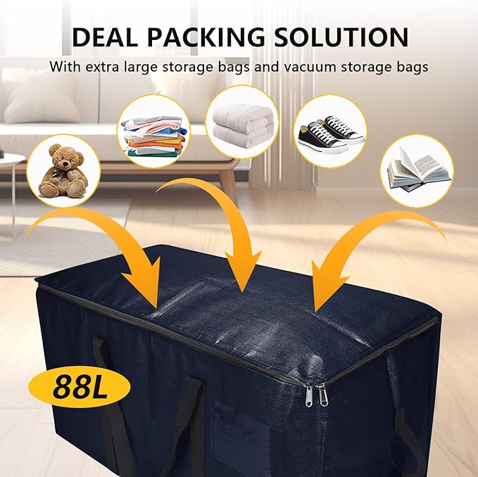 Extra Large Storage Bags Set Heavy Duty Moving Totes with Handles, Waterproof Dual-Durable Storage Totes For Space-Saving Moves, (Dark Blue, 12 Park-2 Moving bag & 10 Vacuum Seal Bags)