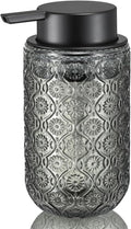 Gray Glass Liquid Hand Soap Dispenser with Matte Black Pump Thick Embossed Bottle Refillable for Bathroom and Kitchen Decor 13.5 oz