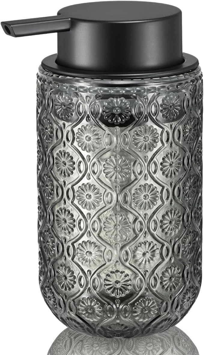 Gray Glass Liquid Hand Soap Dispenser with Matte Black Pump Thick Embossed Bottle Refillable for Bathroom and Kitchen Decor 13.5 oz