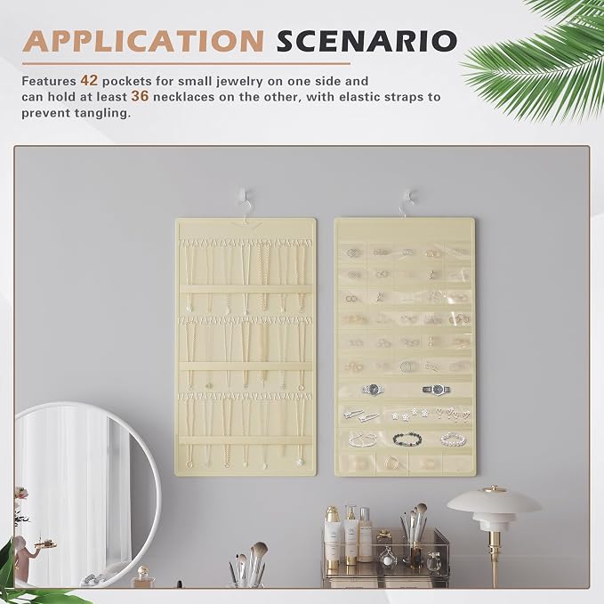 Hanging Jewelry Organizer, Double-Sided Necklaces Holder, Beige | 42 clear pockets organize rings & earrings; 36 wire necklace hooks reduce tangles; top hook hangs in closets, walls or doors.