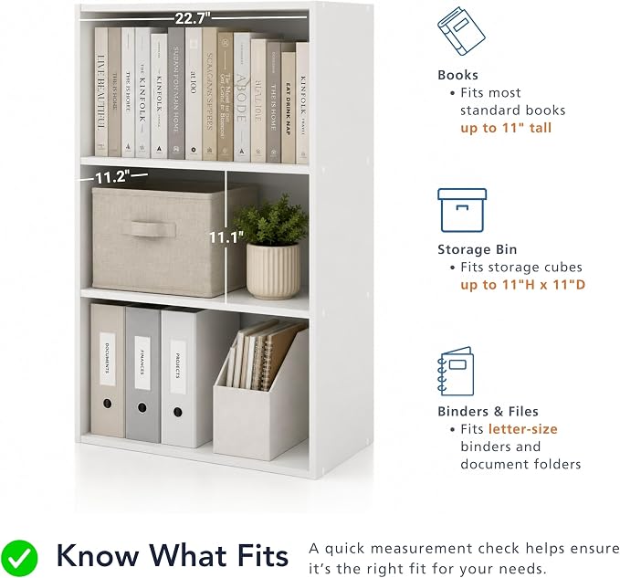 Homes: Inside + Out Apexa 3-Tier Cube Storage Organizer Shelves, Stackable Wood Bookcase Fits Cubby Bins for Organization, Dorm Teen Room Decor & Home Office, White